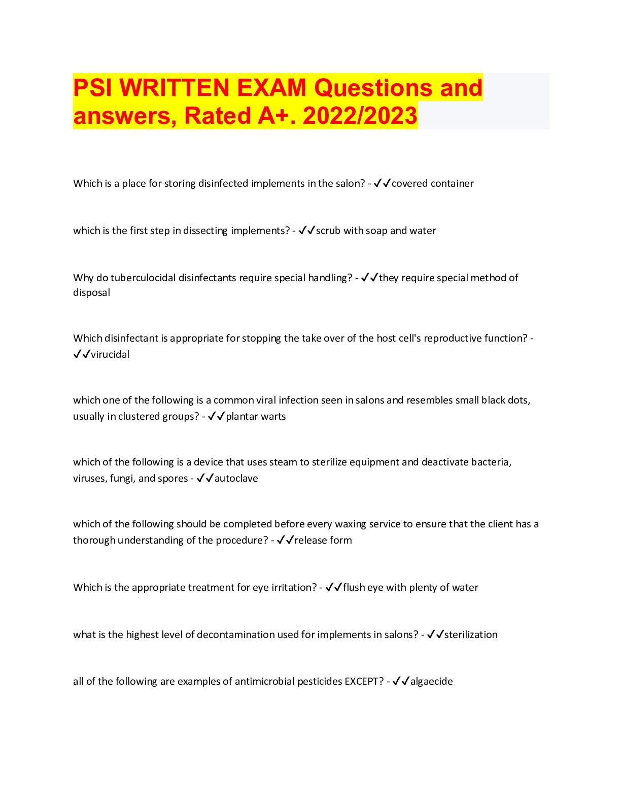 Preview image for PSI WRITTEN EXAM Questions and answers, Rated A+. 2022/2023
